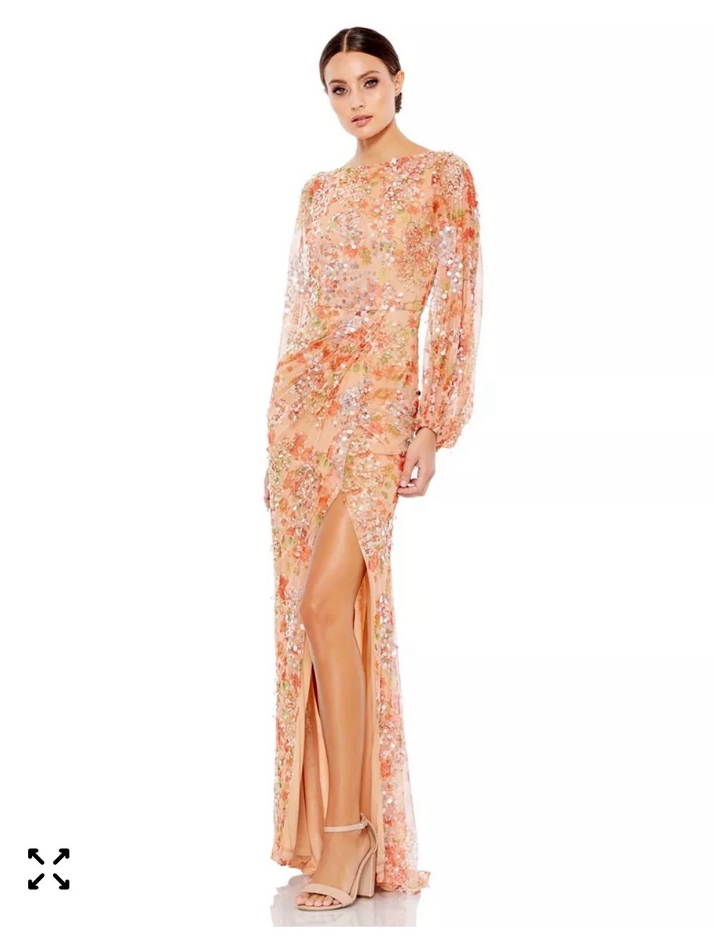Mac Duggal FLORAL PRINT SEQUINED PUFF SLEEVE GOWN 14